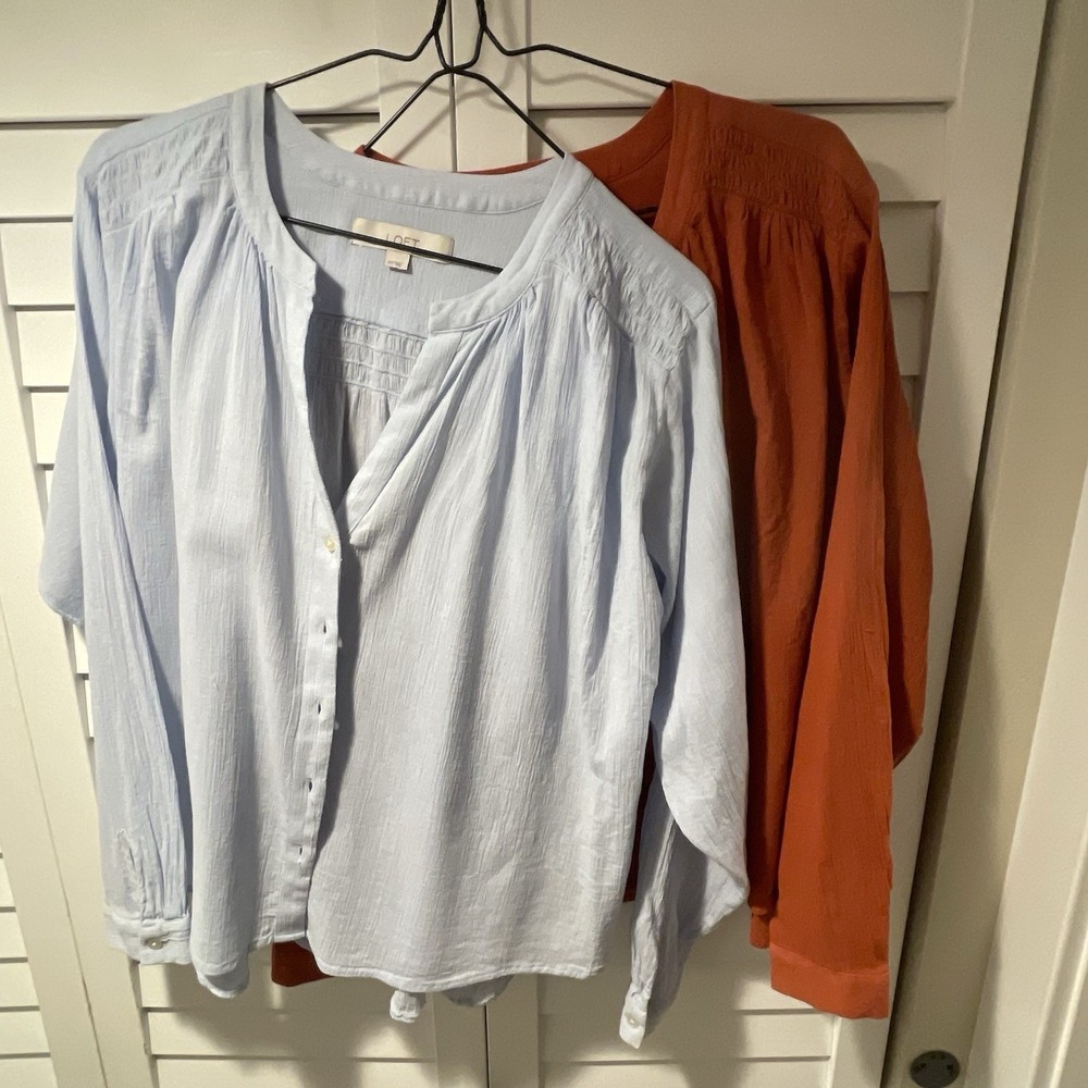 LOFT XS Blouse Bundle – Rust Orange & Light Blue Shirred Long Sleeve Tops